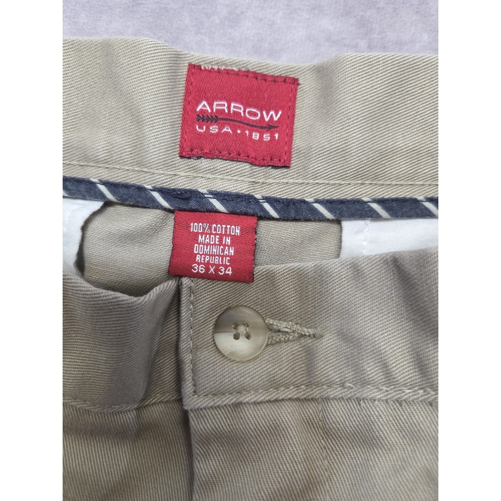 Arrow Pants Mens 36x34 Khaki Pleated Cuffed 100% Cotton Classic Career Preppy - Picture 4 of 9